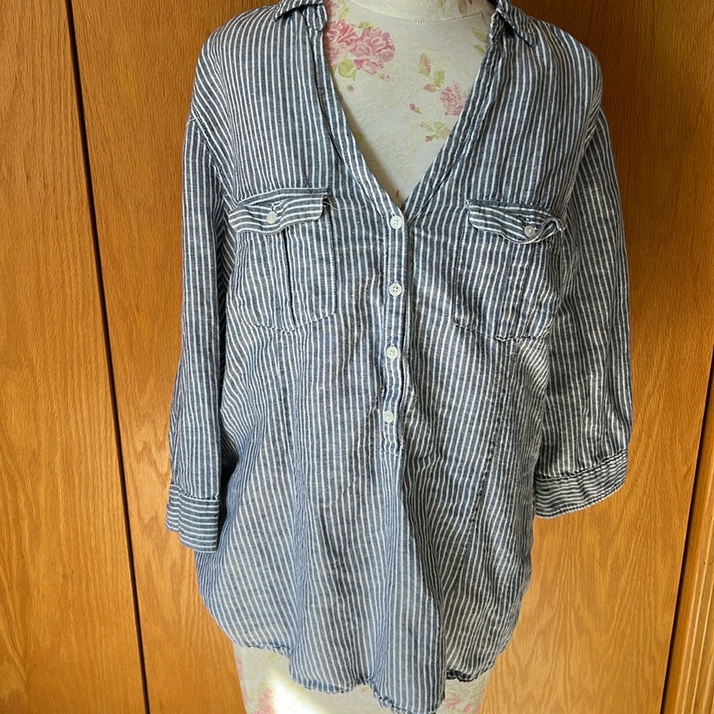 GAP Blue and White Striped Button-Up Blouse